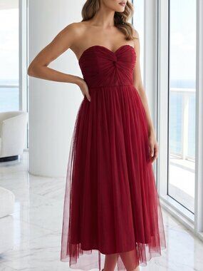 NWT LULU'S Perfect Whimsey burgundy mesh strapless midi dress twist frontXL